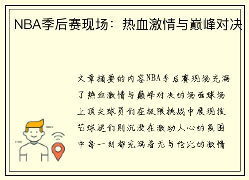 NBA季后赛现场：热血激情与巅峰对决